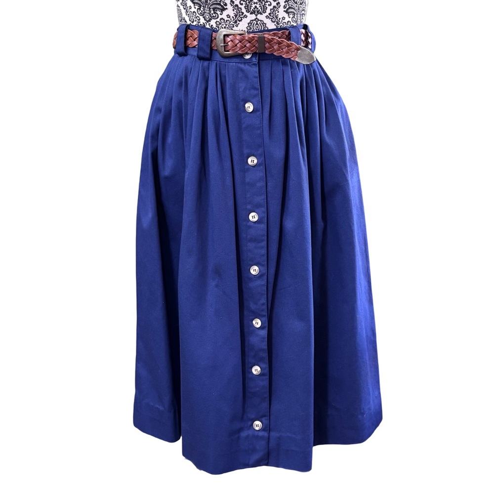 Vintage Metro New York Navy Blue Button-Front Midi Skirt with Leather Belt 8